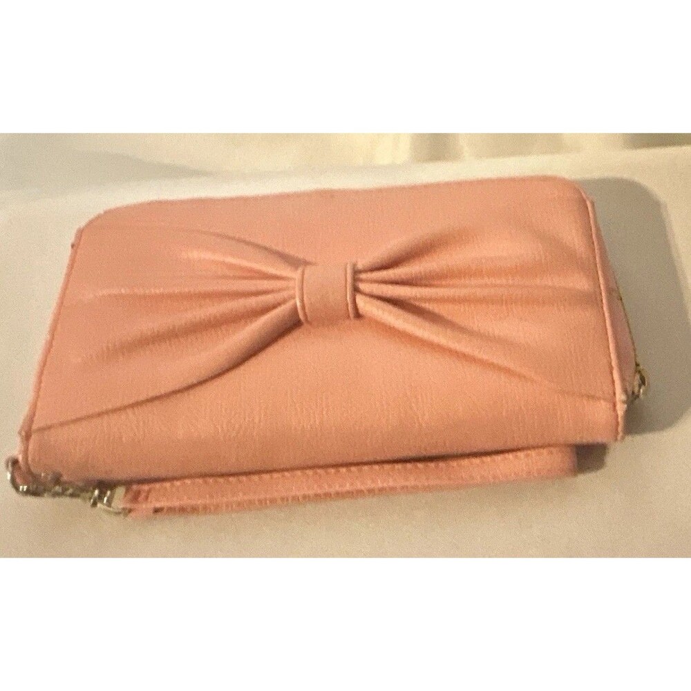 Pink Zip-Around Wristlet Wallet w/ Bow, Wrist Strap, Card Slots & ID Window